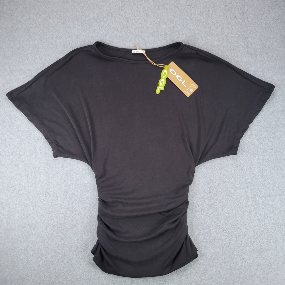 OGL Ruched Dolman Top Women Small Black Boat Neck Sustainable NWT